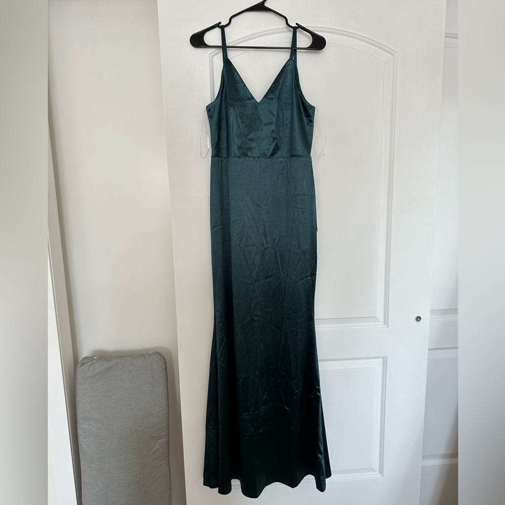 Lulus - moments of bliss dark teal satin backless mermaid maxi dress